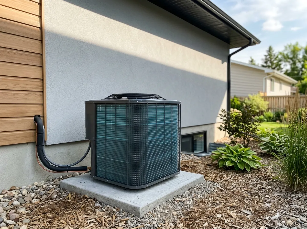 Outdoor AC condenser newly set on a level pad