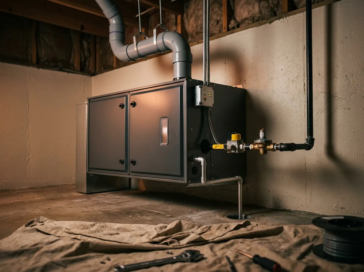 High-efficiency furnace install in a clean basement utility room